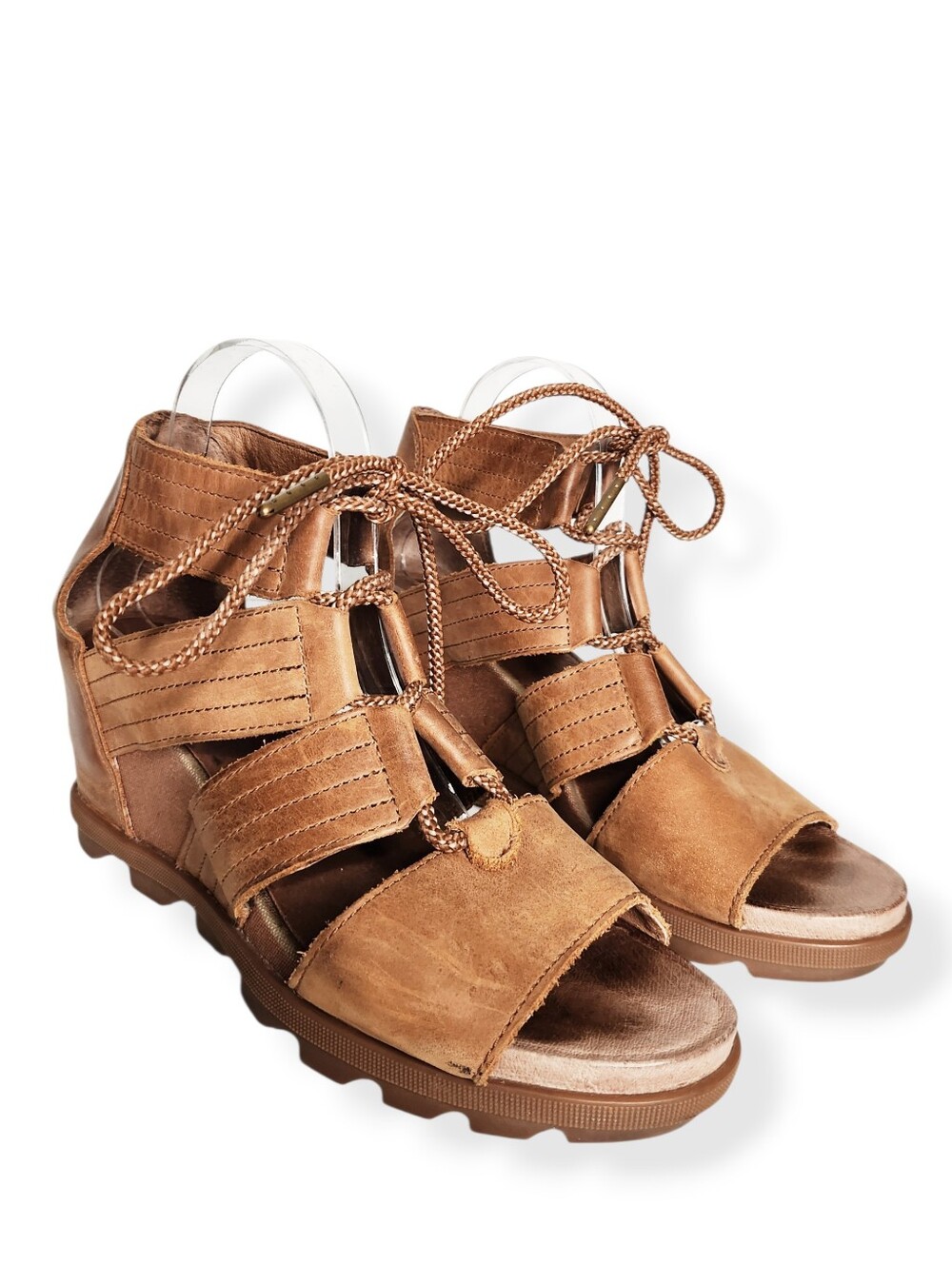 Sorel Joanie II Women's Lace Up Brown Tan Leather Wedge Sandals Size 10